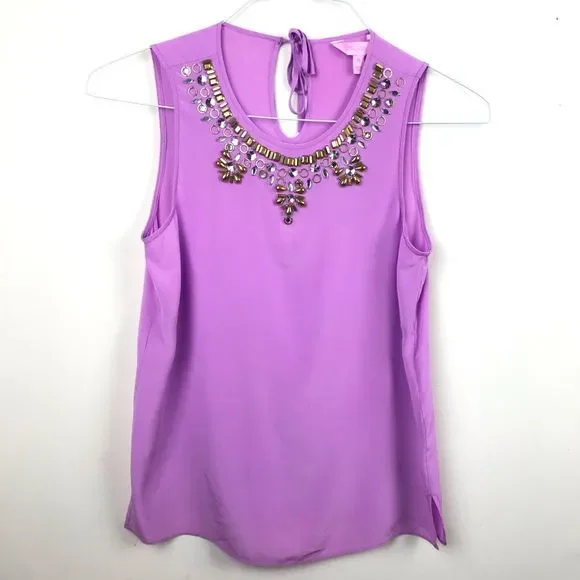 Lilly Pulitzer Havana 100% Silk Pink Embellished Jeweled Neck Blouse Top 58738 - Picture 3 of 8